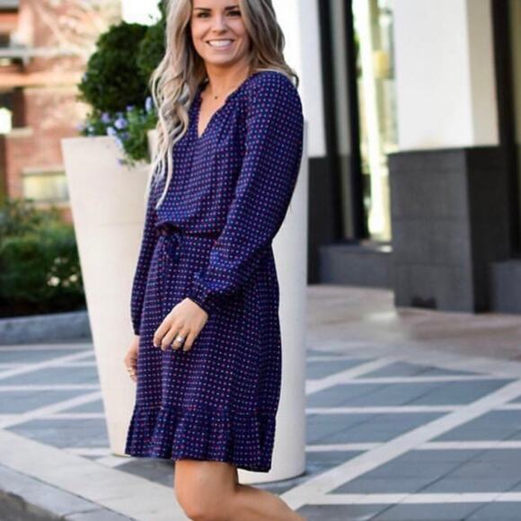 Draper James Printed Popover Tie Dress in Nassau Navy Blue Red Floral Polka Dot - Picture 6 of 16